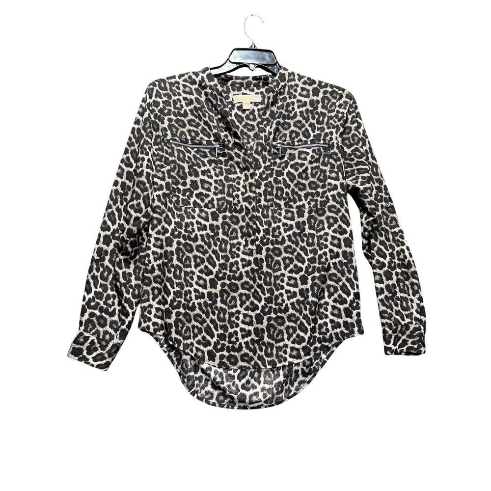 Michael Kors Blouse Women M Brown Leopard Print Zipper Pocket Roll Tab Sleeve